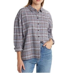 Madewell Westlake Boxy Flannel Collared Long Sleeve Top Grey Plaid Womens Large